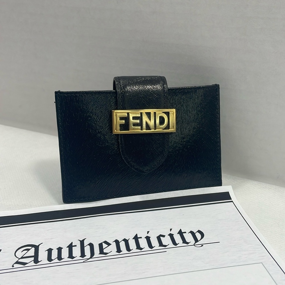 Authentic FENDI black leather card case wallet with COA